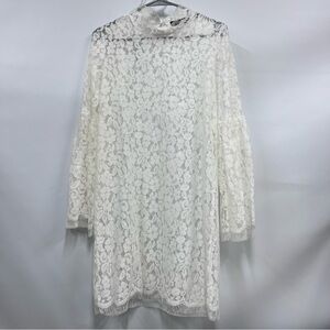 Elegant Ivory White Floral Lace overlay Dress size s high neck bell sleeves boho